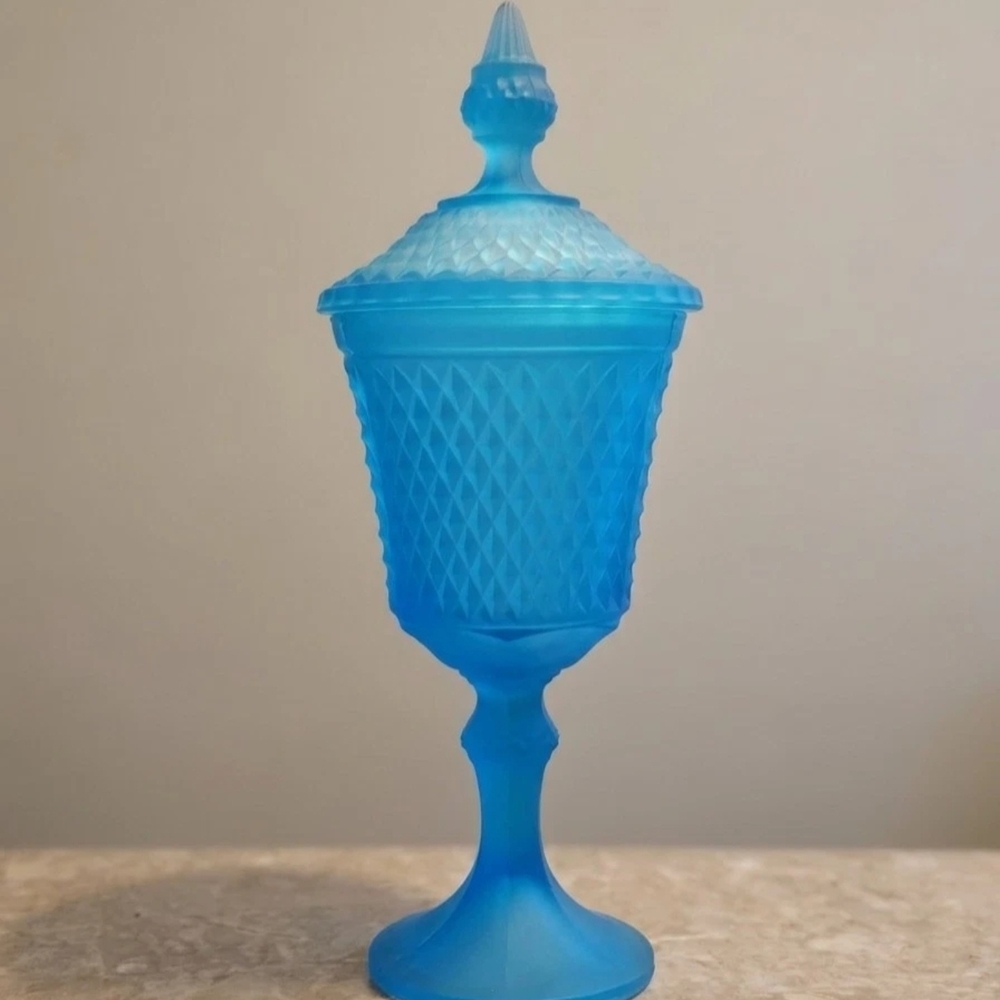 Vintage Indiana Glass Diamond Point Blue Satin Apothecary Jar Candy DishLid 15.5